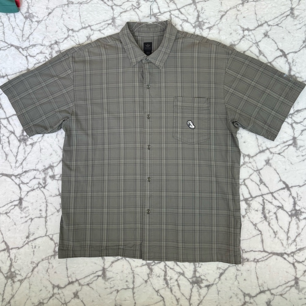 ADIDAS Superstar Men's Shirt L Gray Black White Plaid Shell-toe Patch on Chest